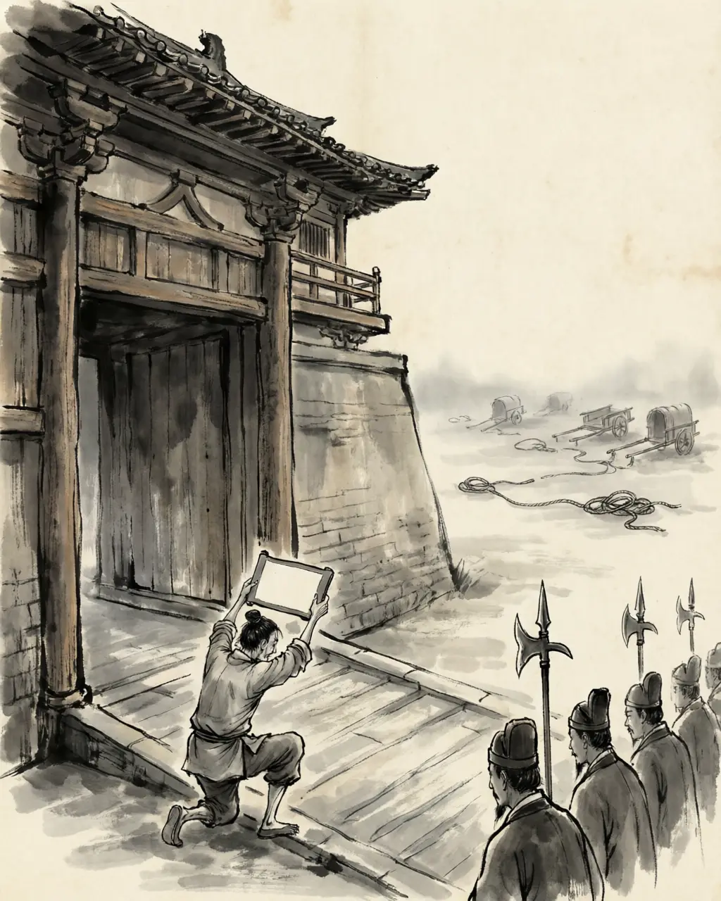 Panel 06: It was undone by one of his own disciples. In the spring of 184 Tang Zhou, a man of Jinan from inside the movement, went up to the capital and informed on the arrangement: the day, the junction, the names at court. The court could call the story false or act on it; it acted, and the day it had fixed was still some weeks off when the rising came all the same.