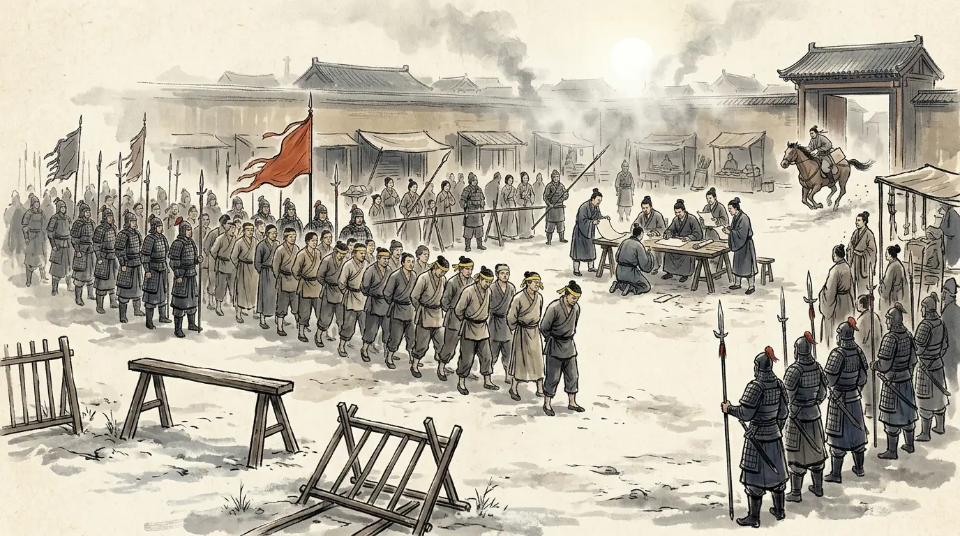 Panel 07: Ma Yuanyi was torn apart by teams at Luoyang, and the inquiry went out from the letter: the Three Excellencies and the Colonel-Director of the capital district were set on it, and a purge of the Great Peace people among the palace attendants, the guards and the townspeople killed a thousand and more. Ji province was ordered to hunt down Zhang Jue and his brothers. The word reached Julu in time for nothing but haste.