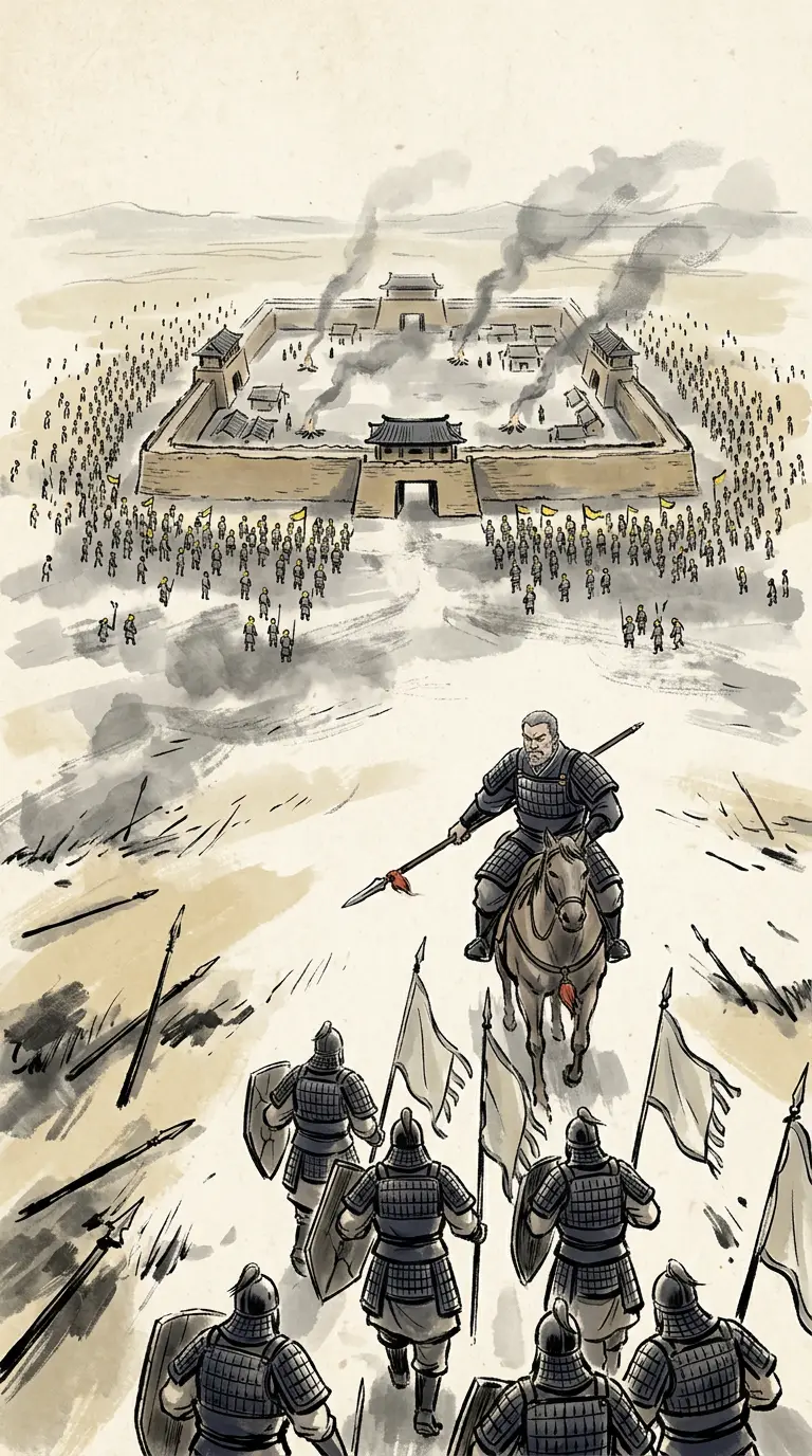 Panel 10: The first campaign went badly. In Yingchuan the host under Bo Cai met Zhu Jun in the field and beat him, and Huangfu Song moved up to hold the town of Changshe, where Bo Cai brought his whole host and invested him with a garrison too small for the work and an army afraid. In the north the two commanders sent against Zhang Jue made no head and came back, and Dong Zhuo, sent to supersede Lu Zhi, was defeated and had to answer for it.
