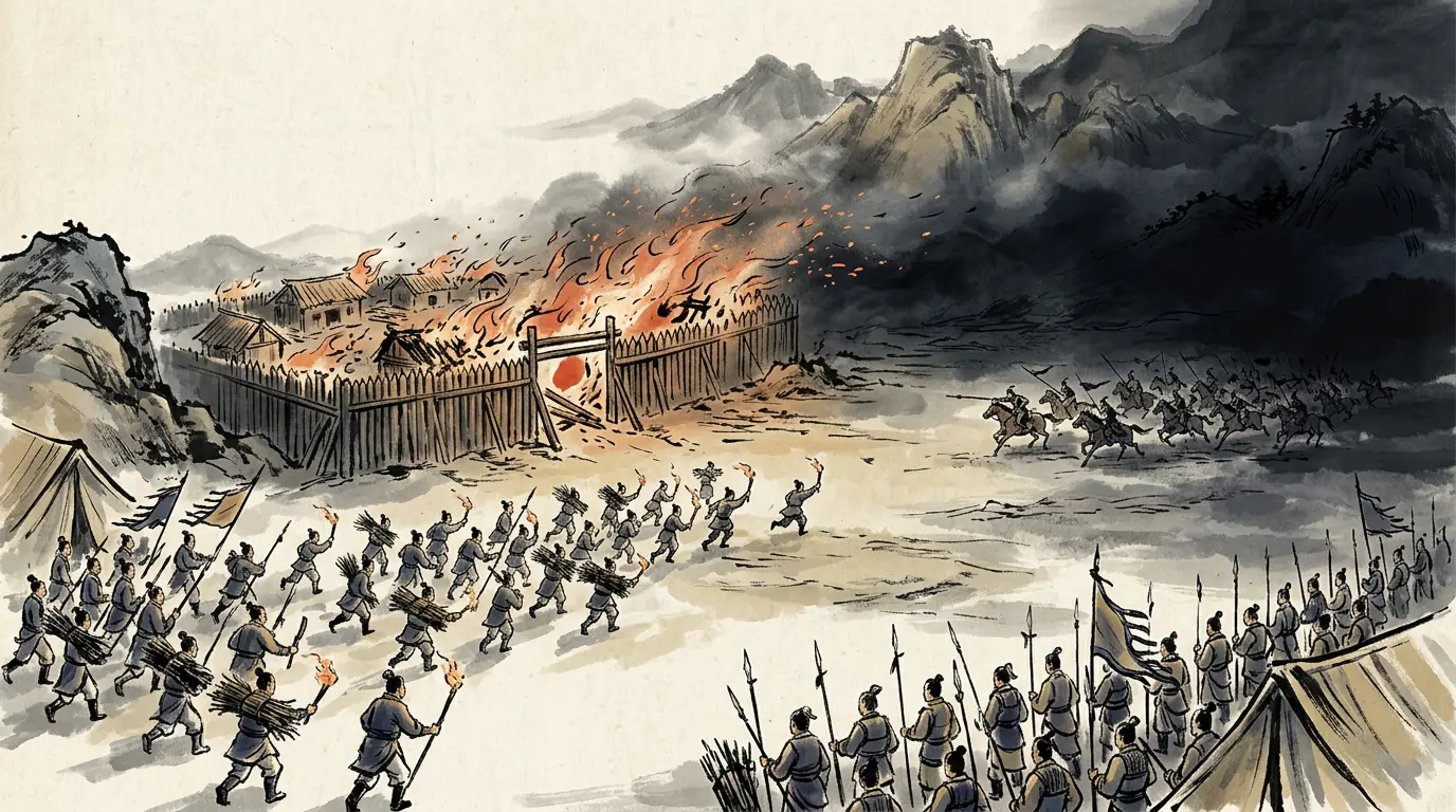Panel 11: Huangfu Song was shut up in Changshe with fewer men than the enemy and would not fight until he had seen the ground. He watched the camp outside until he saw that it was made of brush and stood with the wind at its back; then, on a night when the wind rose, he had his men bind torches of reed and mount the wall, and picked hands slipped out beyond the investment and set the camp alight with a great cry, and the torches on the wall were held up in answer. He came out at the drums and fell on their formation, a relief column came up at that hour, and the host broke, in the fifth month.
