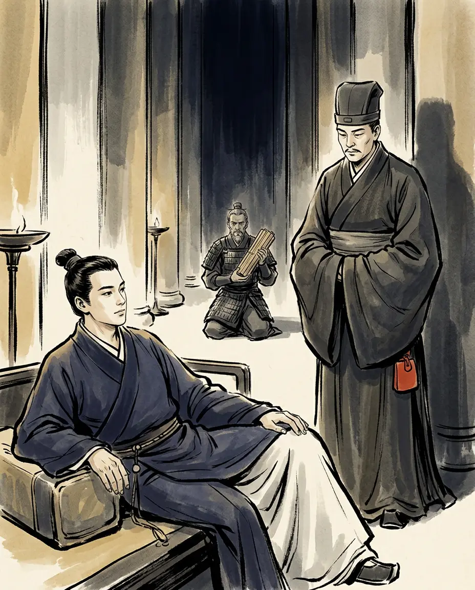 Panel 12: The court could now afford to ask why it had almost died. Huangfu Song's recorded cure was to lift the prohibitions on the party men and to open the palace treasury and the imperial stables to the soldiers, and going north he had a Regular Attendant's mansion at Ye confiscated for breaking the rules of size and refused another's private demand for fifty million cash. The memoir of the eunuchs prices the rest: no governor and no recommended man went out to his province until he had haggled at the emperor's private gardens. The emperor's own words go the other way.