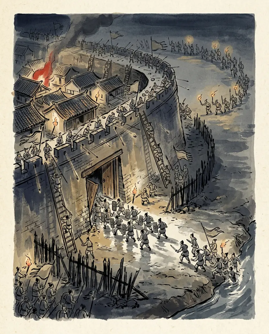 Panel 13: The other war was Zhu Jun's, in the south, round the commandery seat of Wan. He carried the walls and the enemy fell back into the inner town, begging to surrender; he refused, and could not take the place. Then he opened the ring and fell on them as they came out. The record credits him with more than ten thousand heads twice over, and the annal dates the final taking of Wan to the winter.