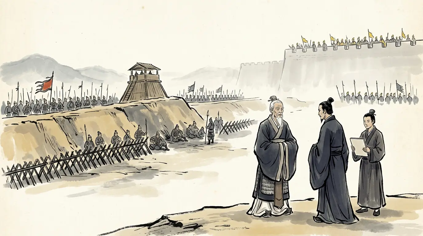 Panel 14: In the north Lu Zhi had thrown an encirclement round Guangzong, dug its lines and built his scaling ladders, and was within taking it — Zhang Jue's people had retreated into that town after a run of beaten battles — which was going well enough to be complained of. The emperor sent a Yellow Gate eunuch, Zuo Feng, to look at the enemy; a colleague urged Lu Zhi to send him off with a fee, and Lu Zhi would not. The man came back and reported against him, and the court took his command away and sent for him in a prison-cart.