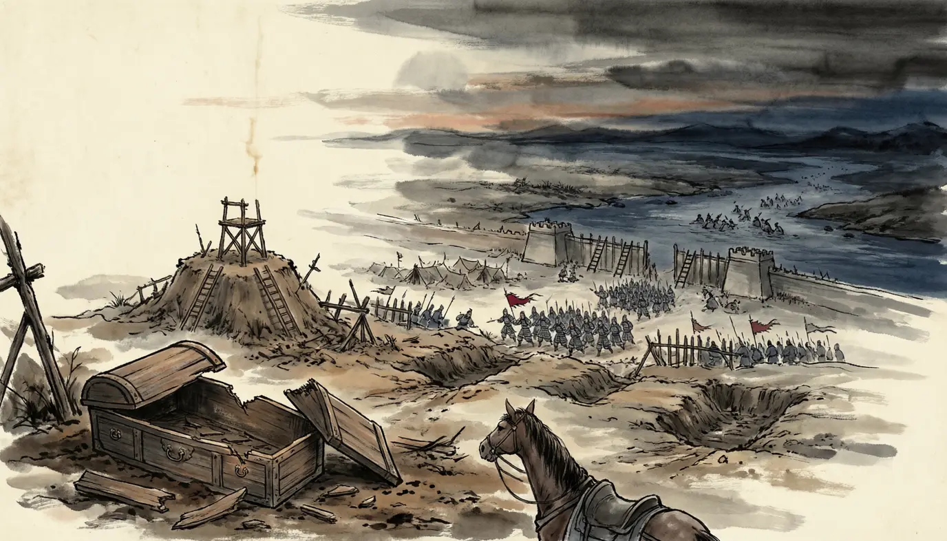 Panel 15: The movement's house came down in two battles and a grave. Zhang Liang was cut down in the fighting at Guangzong in the tenth month; Zhang Bao fell at Xiaquyang in the eleventh, and the memoir credits that place with more than a hundred thousand heads and captives, raising a mound of the dead sealed over with earth, south of the town. Zhang Jue had already died of sickness: they opened his coffin and sent the head to the capital.