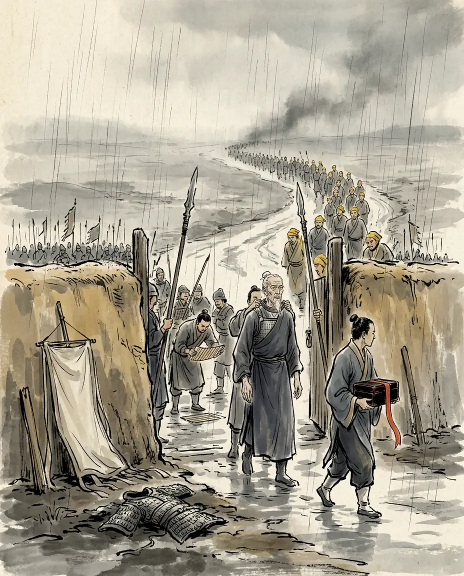 Panel 16: Victory came, and the men who won it were punished for it. Lu Zhi, brought out of his camp in a prison-cart, was condemned and got off with his sentence reduced one degree, and was a Master of Documents again that year; Huangfu Song, the year after winning the war, had his general's seal seized and six thousand households struck off his marquisate on an accusation from two Regular Attendants he had offended; and Zhu Jun at Wan was within one minister's memorial of being recalled in disgrace. And the provinces were not quiet: the annals go on entering the same name for years after — the Black Mountains, Runan, the White Wave valley, Qing and Xu, Yi province.