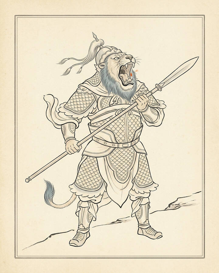 Ink leaf portrait of Blue Lion, Eldest King of the Three.