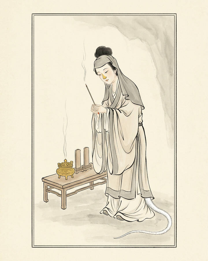 Ink leaf portrait of Gold-Nosed Rat Spirit, Lady Rising from the Ground.