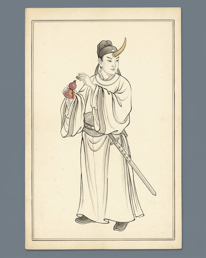 Ink leaf portrait of Golden Horn King, The Elder Horn King.