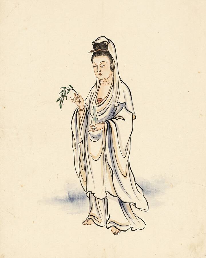 Ink leaf portrait of Guanyin, She Who Hears the World's Cries.