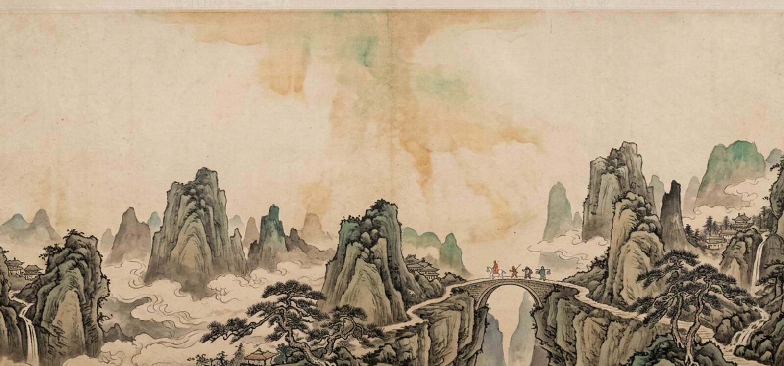 Ink-wash painting of four pilgrims crossing a stone bridge among karst peaks and cloud, on the road west.