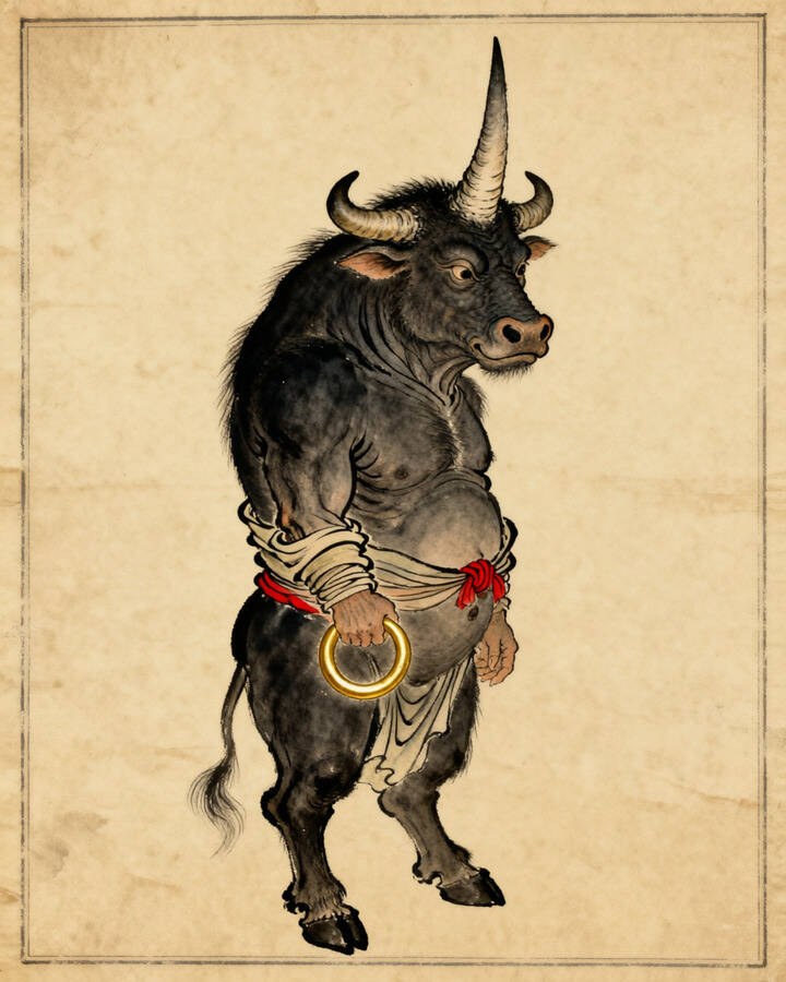 Ink leaf portrait of Lone-Horned Ox Demon, Great King of the Single-Horned Si.
