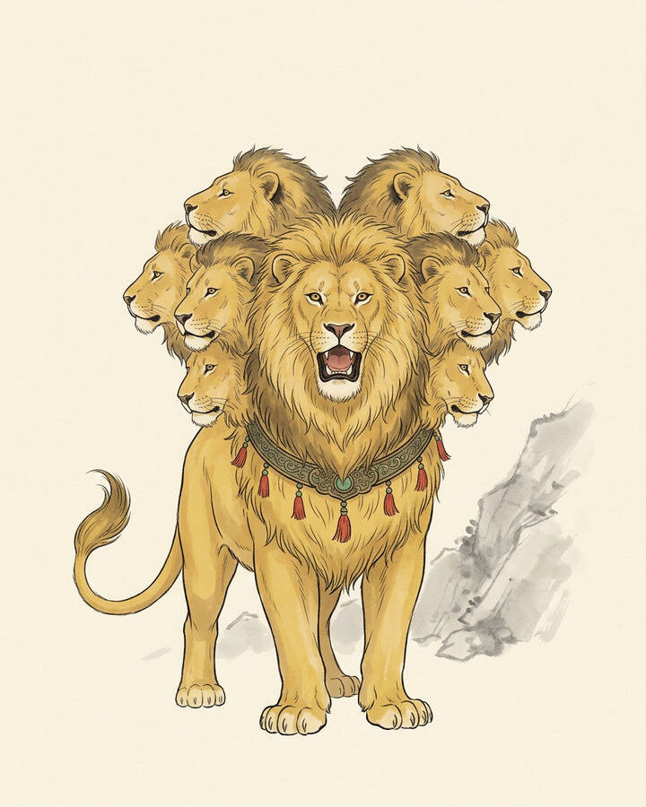 Ink leaf portrait of Nine-Spirit Primordial Sage, The Nine-Headed Lion.