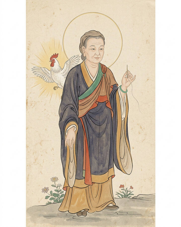 Ink leaf portrait of Pilanpo Pusa, The Lady of the Thousand Flowers Cave.