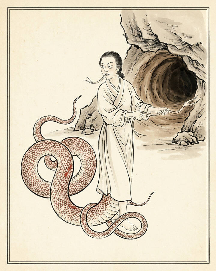 Ink leaf portrait of Python Spirit, The Red-Scaled Python.