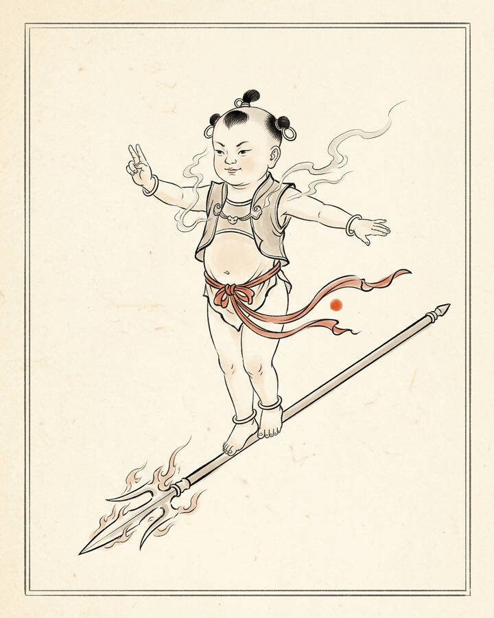 Ink leaf portrait of Red Boy, The Holy Infant King.