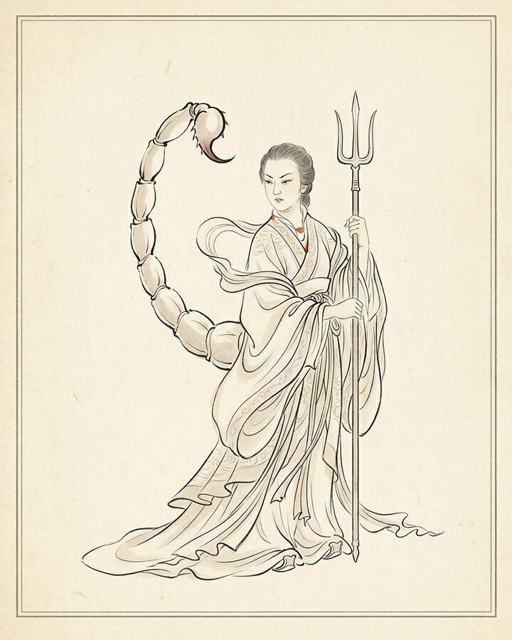 Ink leaf portrait of Scorpion Spirit, The Scorpion Spirit.
