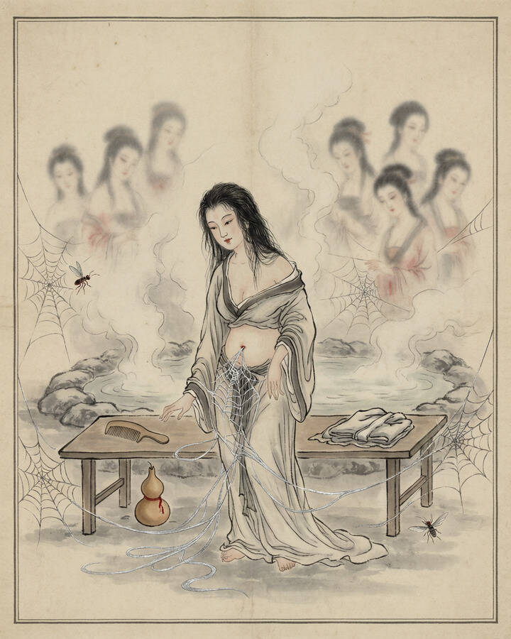 Ink leaf portrait of Spider Spirits, The Seven Passions.
