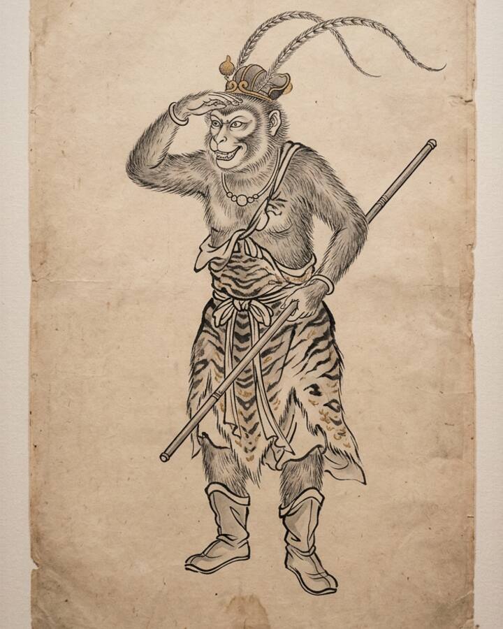 Ink leaf portrait of Sun Wukong, Handsome Monkey King.