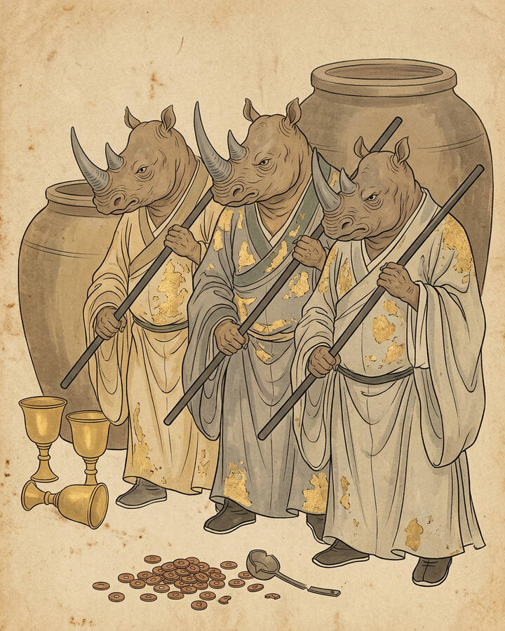 Ink leaf portrait of Three Rhinoceros Kings, The Three Rhinoceros Spirits.