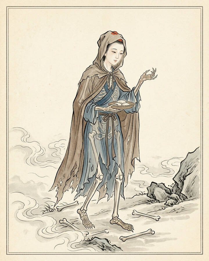 Ink leaf portrait of White Bone Demon, Lady White Bone.