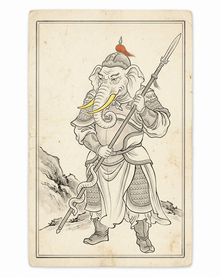 Ink leaf portrait of White Elephant Spirit, Second King of the Three.