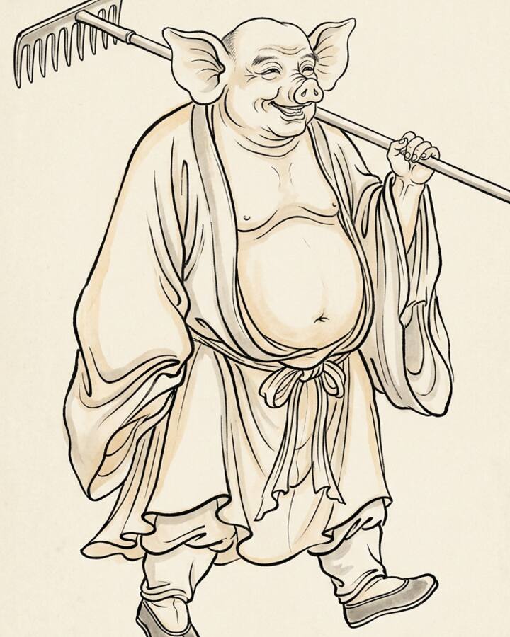 Ink leaf portrait of Zhu Bajie, Pig Ganglie.