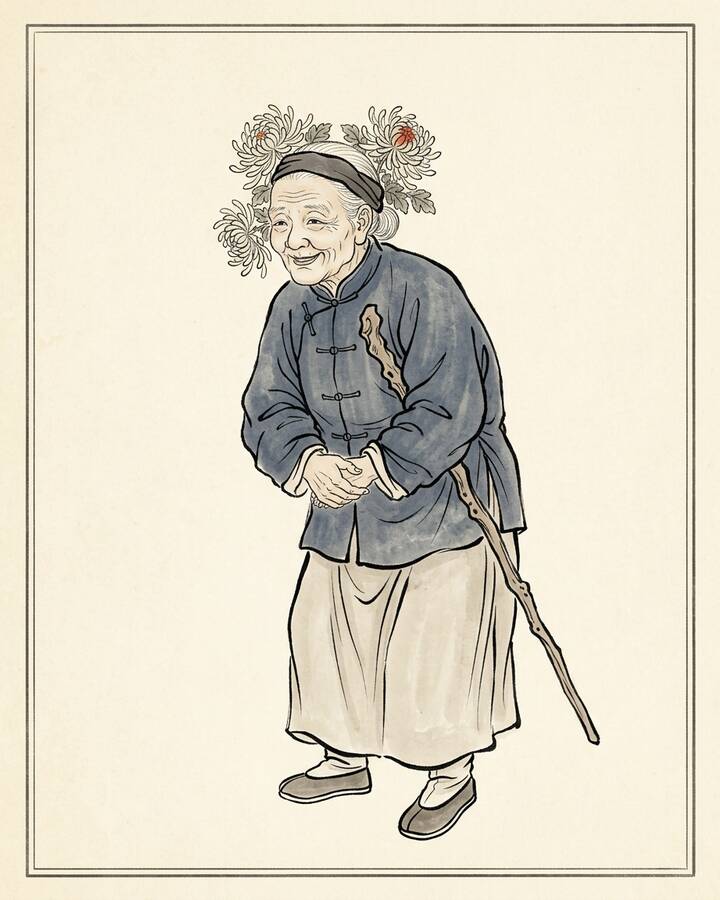Granny Liu（綽号 Poor Relation from the Village）の水墨の冊葉肖像。
