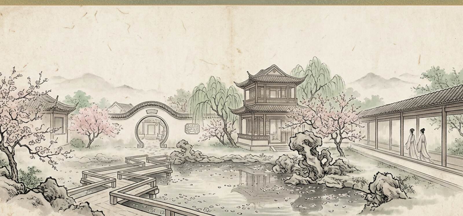 水墨画——中華の庭園、月門、亭、散る花の吹く池の蛇行橋。