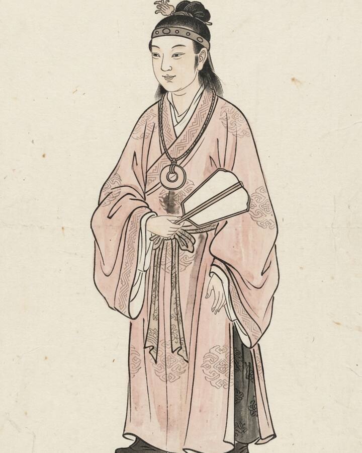 Jia Baoyu（綽号 Contemplation of Red）の水墨の冊葉肖像。