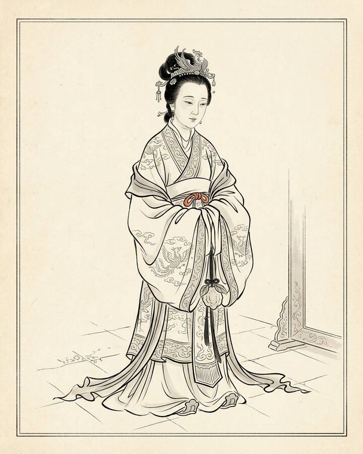 Jia Yuanchun（綽号 Prefect of the Phoenix-Scroll Palace）の水墨の冊葉肖像。