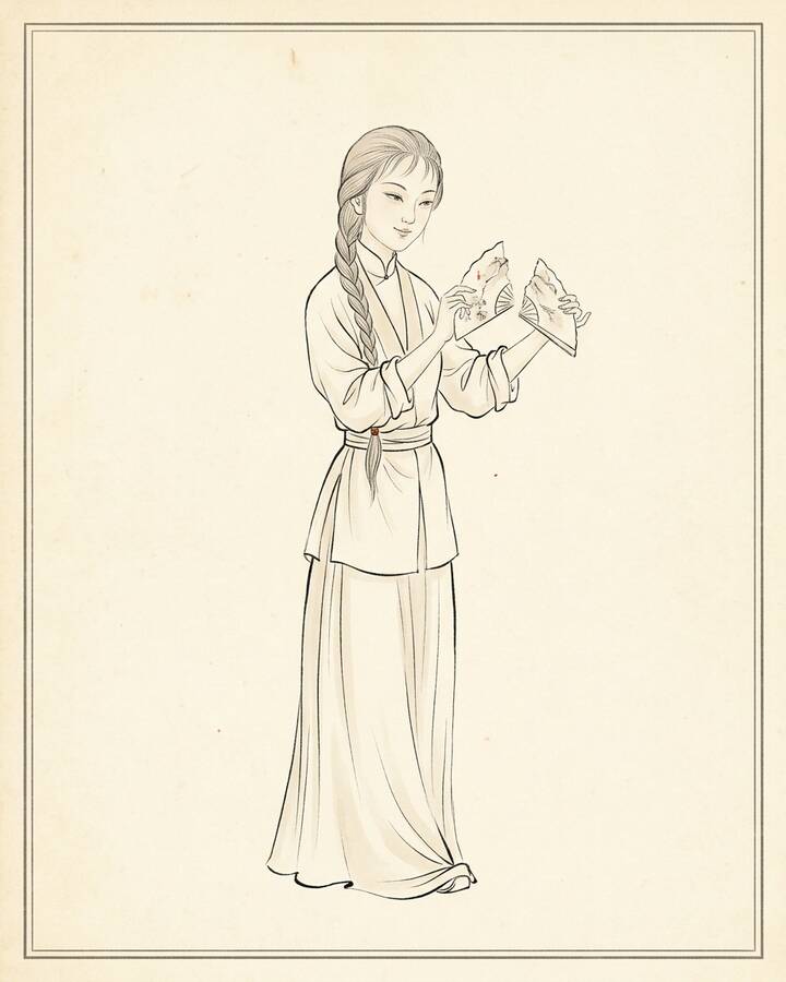 Qingwen（綽号 Daughter of the Hibiscus）の水墨の冊葉肖像。