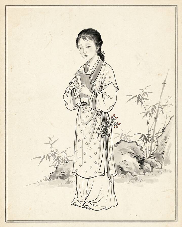 Xiangling（綽号 Autumn Caltrop）の水墨の冊葉肖像。