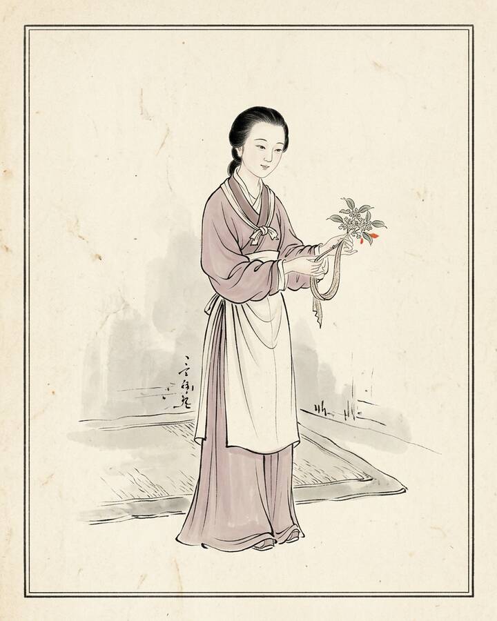 Xiren（綽号 Pearl, the name she came in with）の水墨の冊葉肖像。