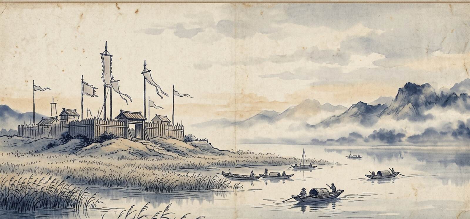 Ink-wash painting of the Liangshan marsh at dawn: a palisade stronghold with unmarked banners, reed beds and boats on still water.