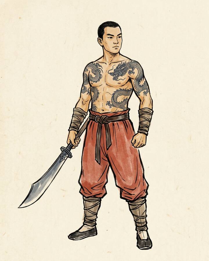 Ink leaf portrait of Shi Jin, Nine Tattooed Dragons.