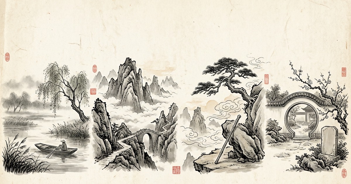 Ink-wash banner: a marsh boat, a mountain bridge, a stone staff and a moon-gate garden — one vignette per novel.