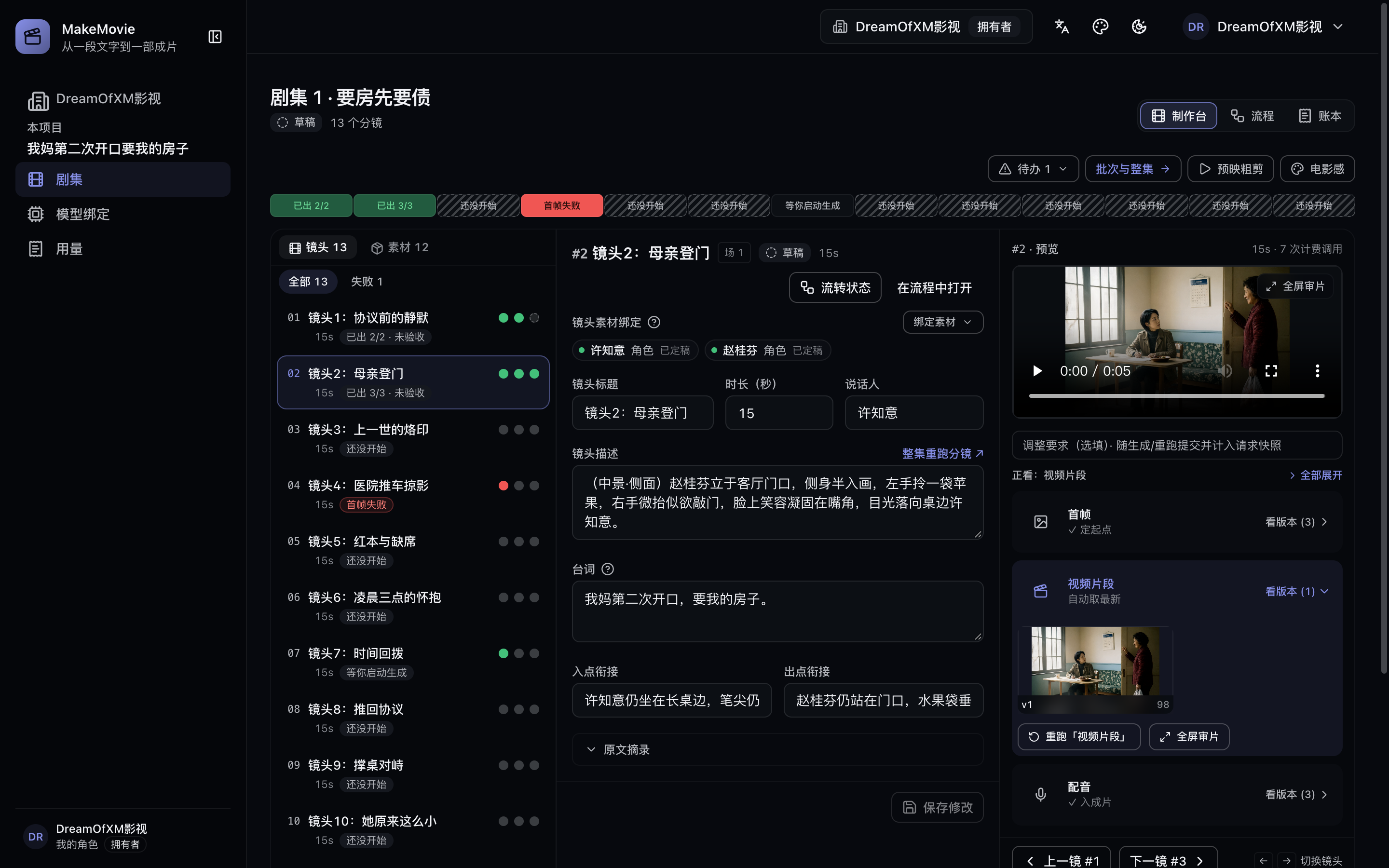 MakeMovie 制作台：左侧镜头清单与每镜产物状态点，中间是选中镜头的剧本字段，右侧是它的首帧、视频片段与配音轨。